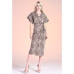 L Tyche Taupe Snake Print Midi Wrap Dress